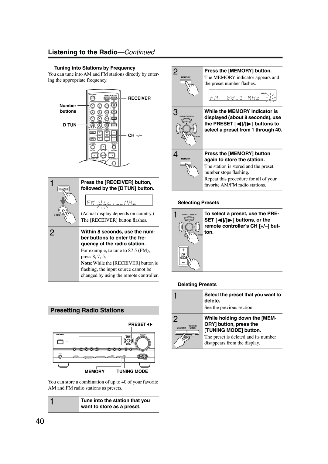 Onkyo HT-S990THX instruction manual Listening to the Radio, Presetting Radio Stations 