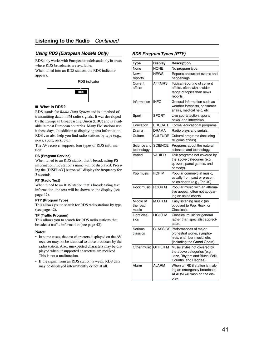 Onkyo HT-S990THX instruction manual Using RDS European Models Only, RDS Program Types PTY, What is RDS? 