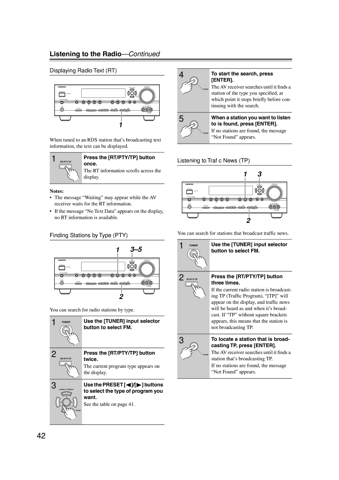 Onkyo HT-S990THX instruction manual Displaying Radio Text RT, Finding Stations by Type PTY, Listening to Trafﬁc News TP 