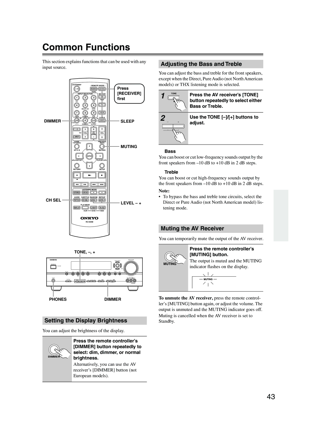 Onkyo HT-S990THX Common Functions, Adjusting the Bass and Treble, Muting the AV Receiver, Setting the Display Brightness 