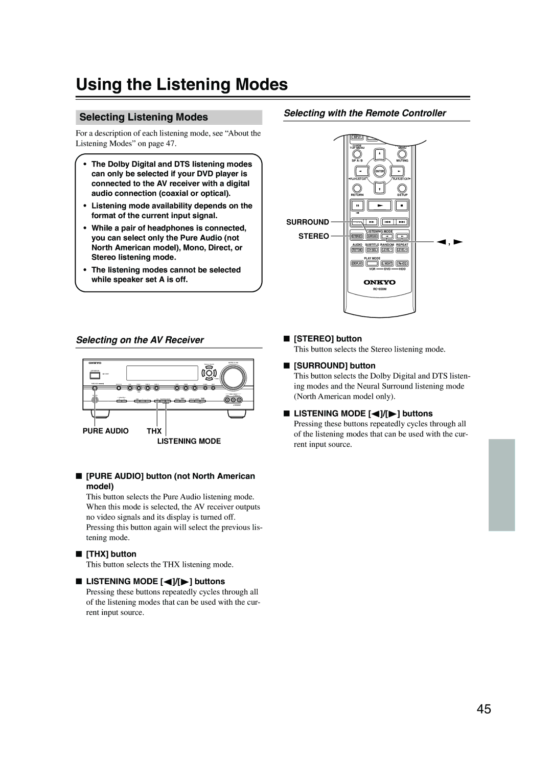 Onkyo HT-S990THX Using the Listening Modes, Selecting Listening Modes, Selecting with the Remote Controller 