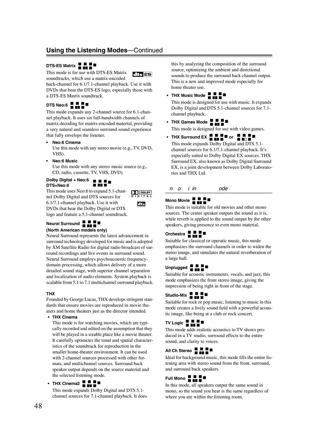 Onkyo HT-S990THX instruction manual Onkyo Original DSP Modes, Use this mode with any stereo movie e.g., TV, DVD, VHS 