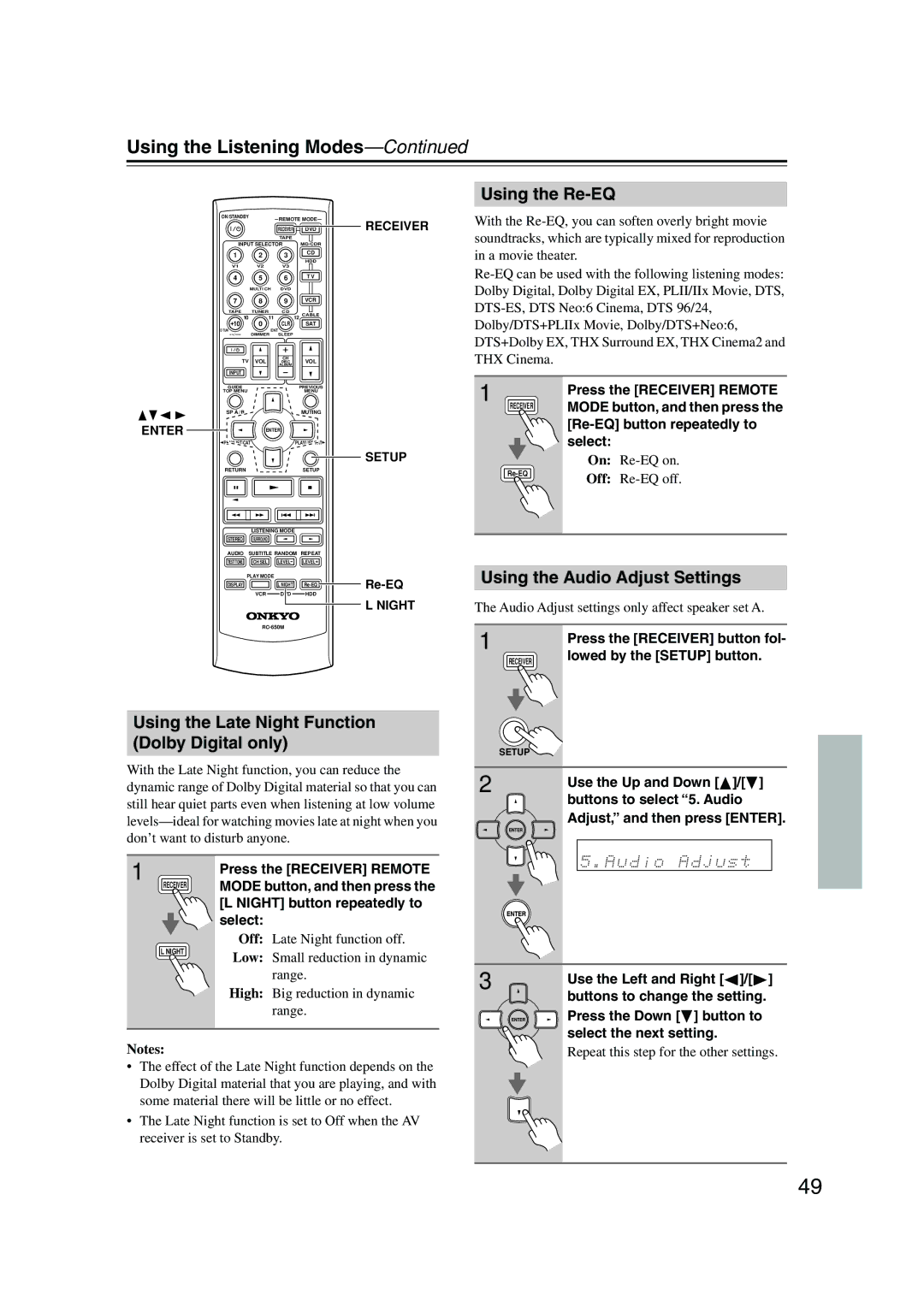 Onkyo HT-S990THX Using the Late Night Function Dolby Digital only, Using the Re-EQ, Using the Audio Adjust Settings 