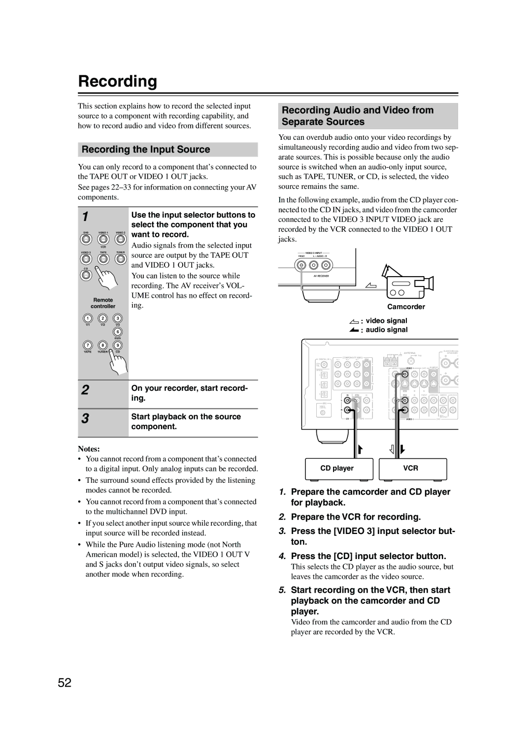 Onkyo HT-S990THX instruction manual Recording the Input Source, Recording Audio and Video from Separate Sources 