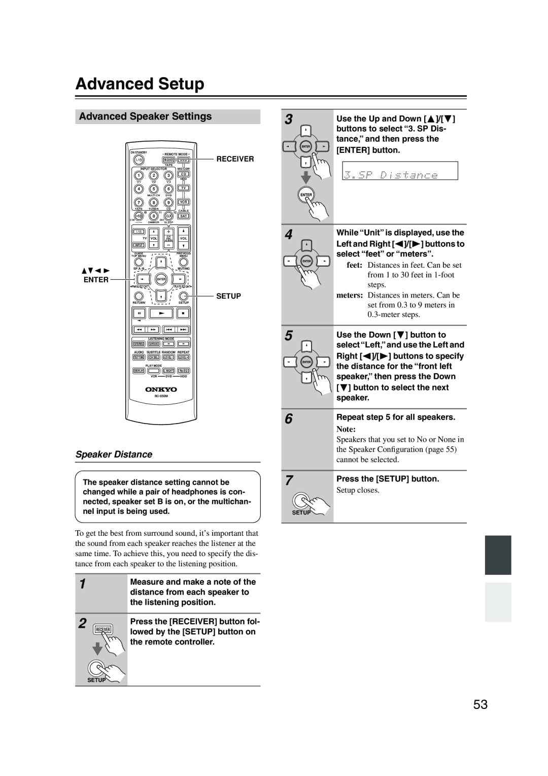 Onkyo HT-S990THX instruction manual Advanced Setup, Advanced Speaker Settings, Speaker Distance 