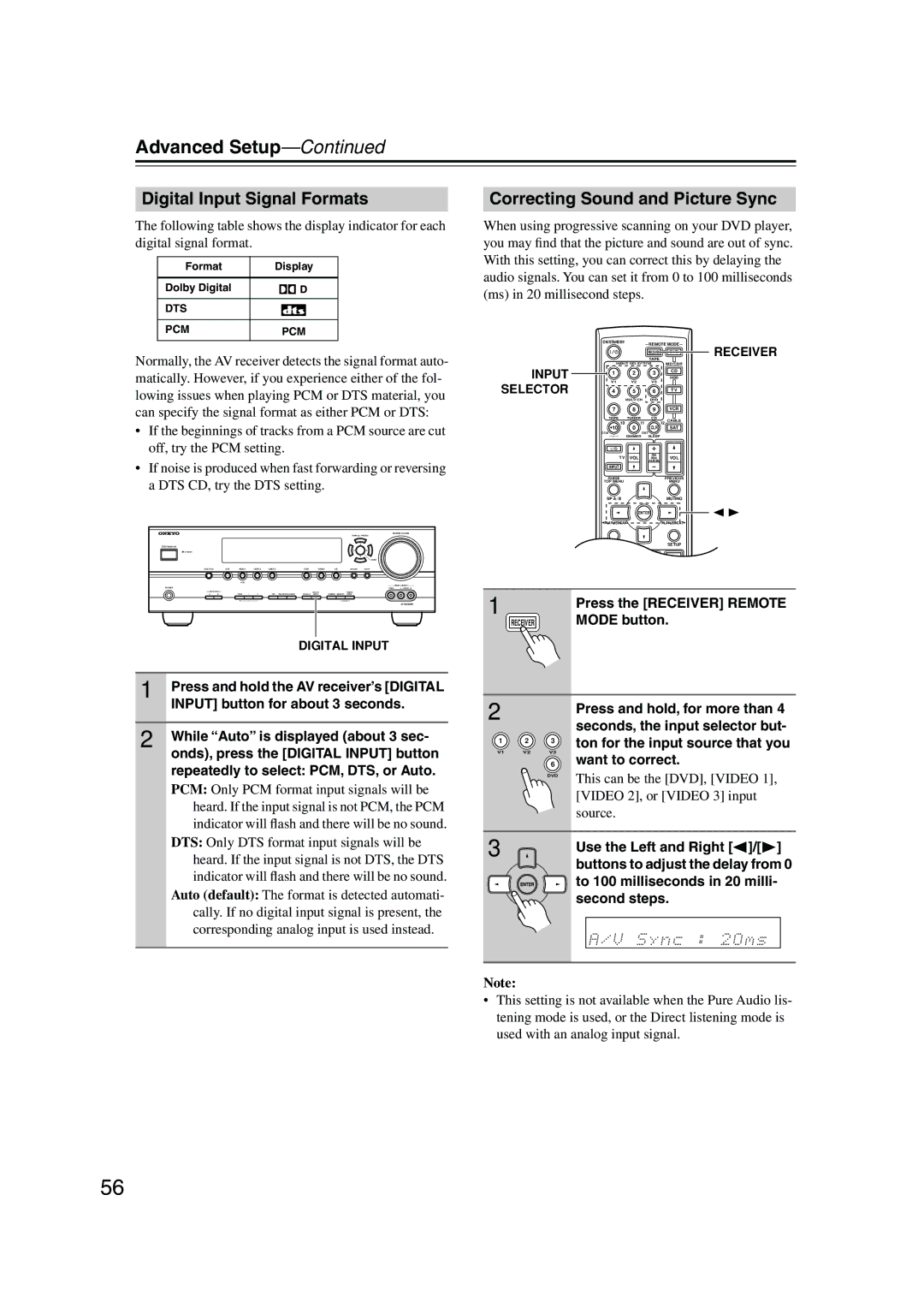 Onkyo HT-S990THX instruction manual Digital Input Signal Formats, Correcting Sound and Picture Sync 