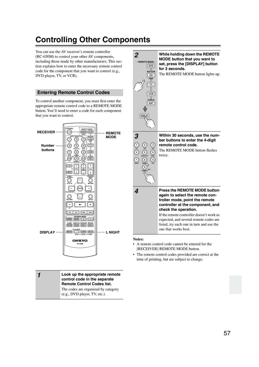 Onkyo HT-S990THX instruction manual Controlling Other Components, Entering Remote Control Codes 