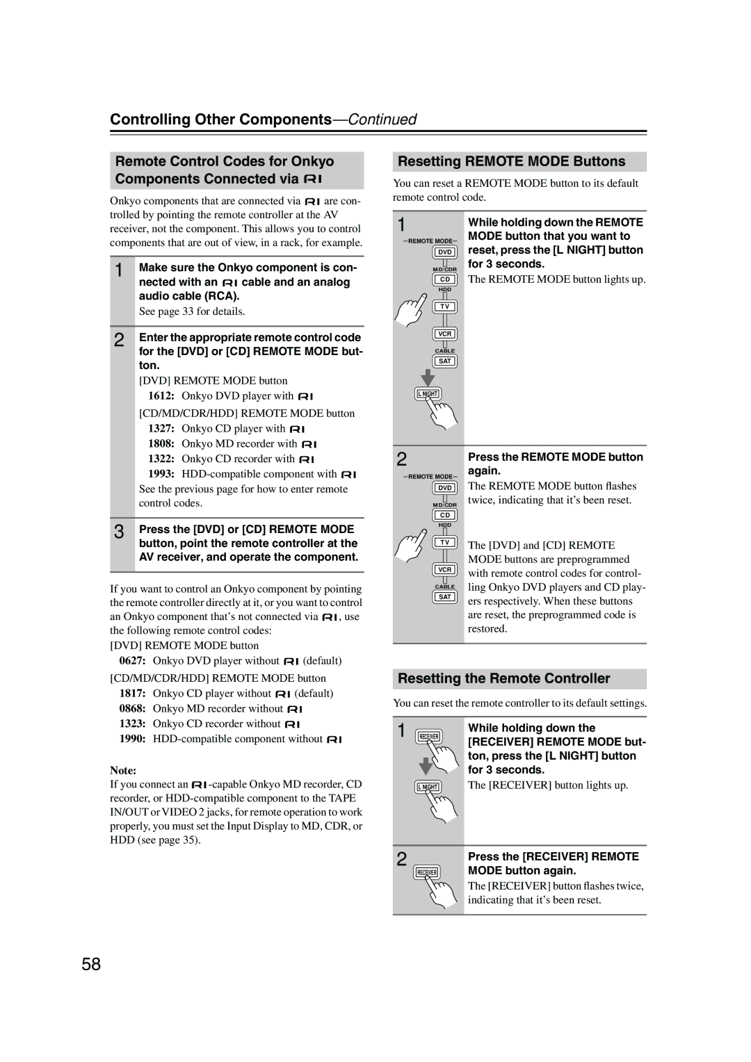 Onkyo HT-S990THX instruction manual Controlling Other Components, Remote Control Codes for Onkyo Components Connected via 