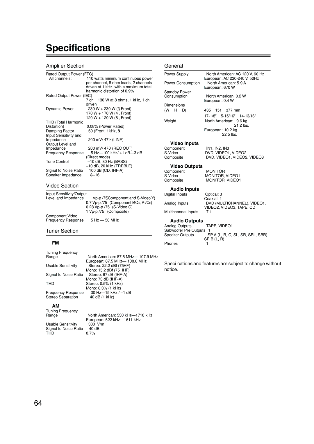 Onkyo HT-S990THX instruction manual Speciﬁcations, Ampliﬁer Section, Video Section, Tuner Section, General 