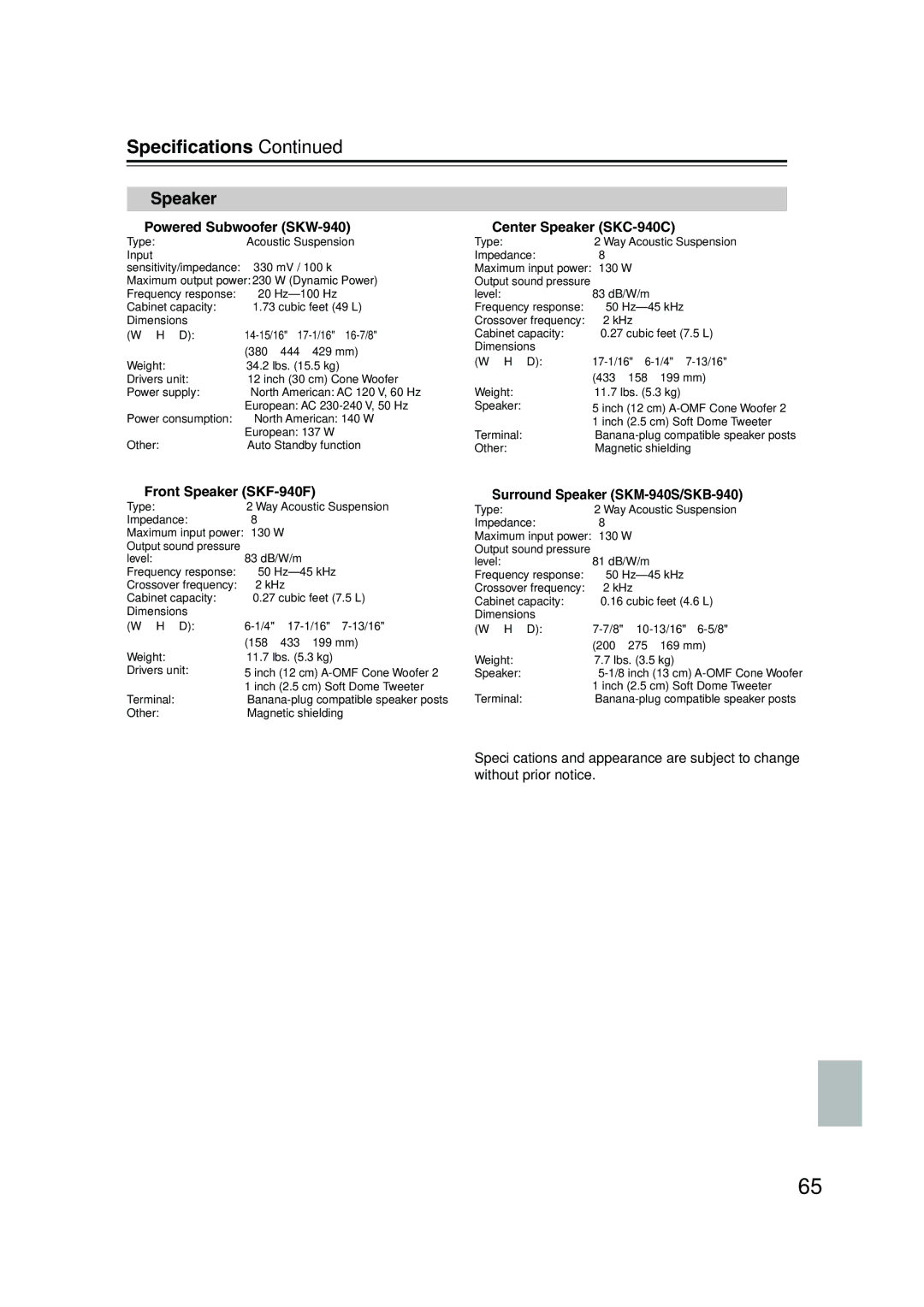 Onkyo HT-S990THX instruction manual Speciﬁcations, Speaker 