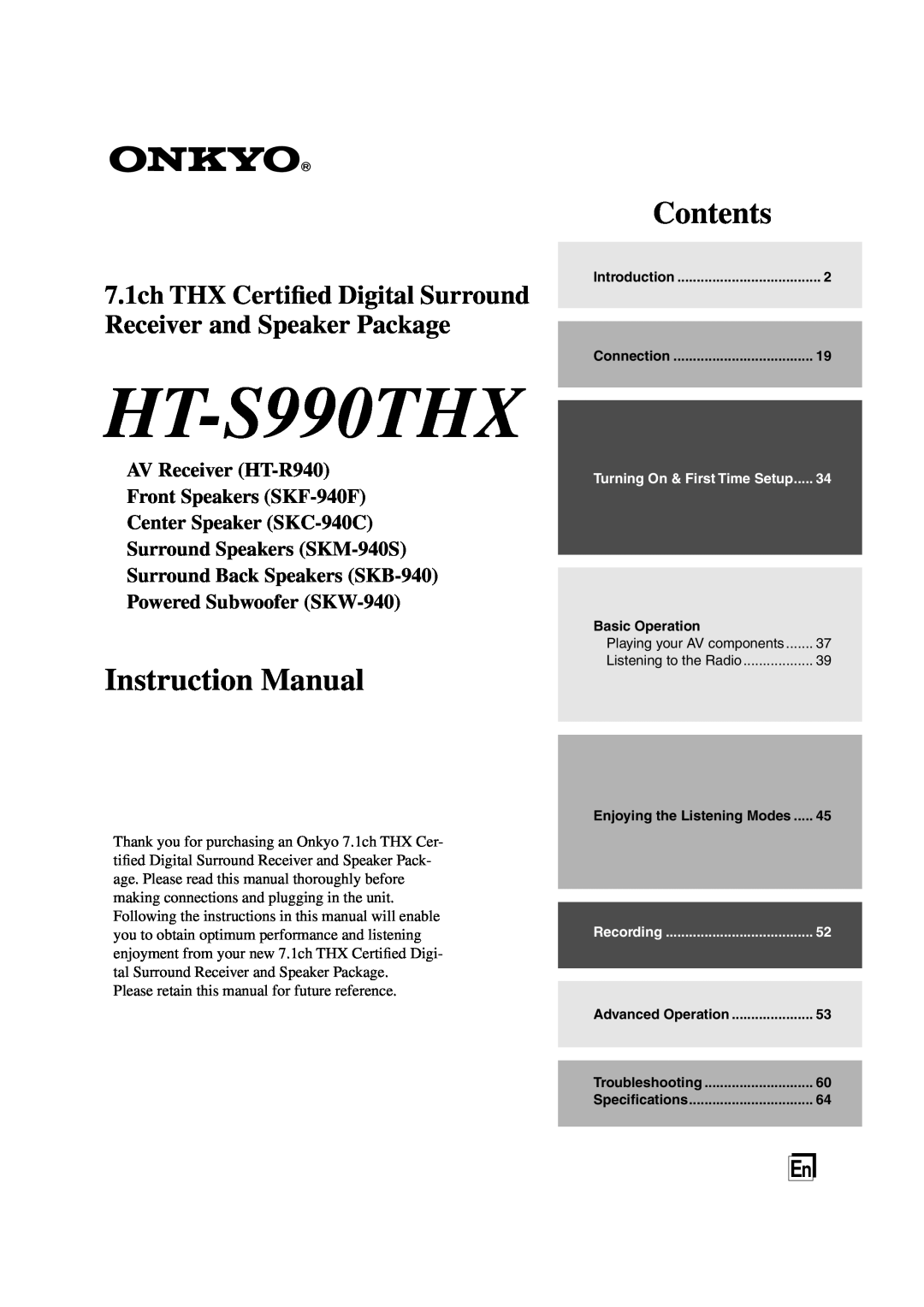 Onkyo HT-S990THX instruction manual Contents, AV Receiver HT-R940 Front Speakers SKF-940F, Center Speaker SKC-940C 