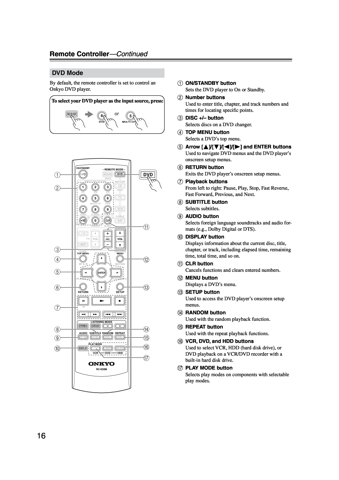 Onkyo HT-S990THX instruction manual DVD Mode, 1 2 3 4 5 6 7 8 9 J, Remote Controller-Continued 