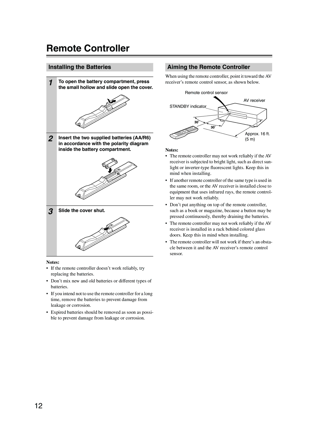 Onkyo HT-SP904 instruction manual Installing the Batteries, Aiming the Remote Controller 