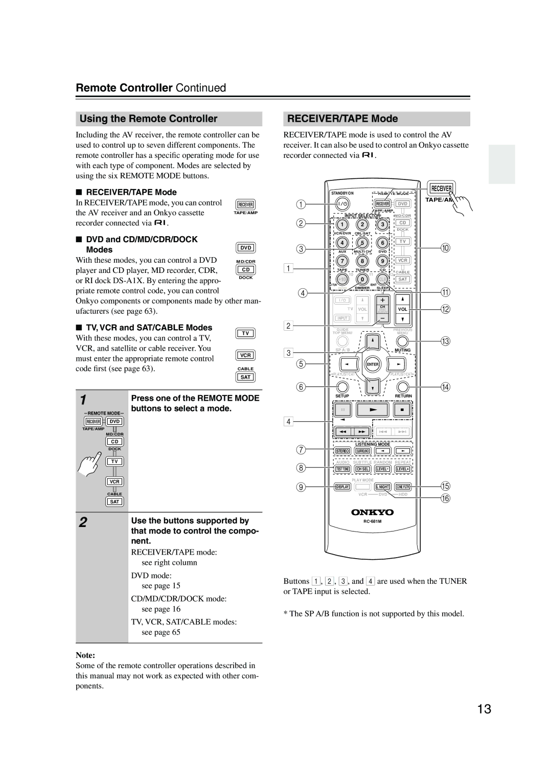 Onkyo HT-SP904 instruction manual Using the Remote Controller, RECEIVER/TAPE Mode 