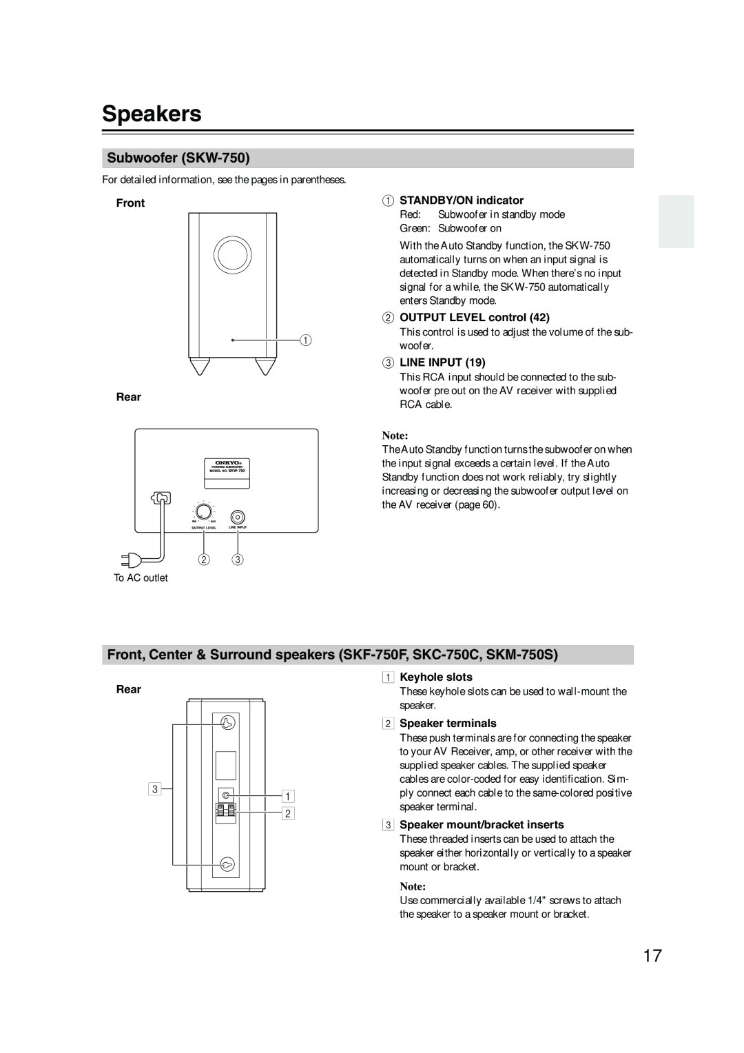 Onkyo HT-SP904 instruction manual Speakers, Subwoofer SKW-750 