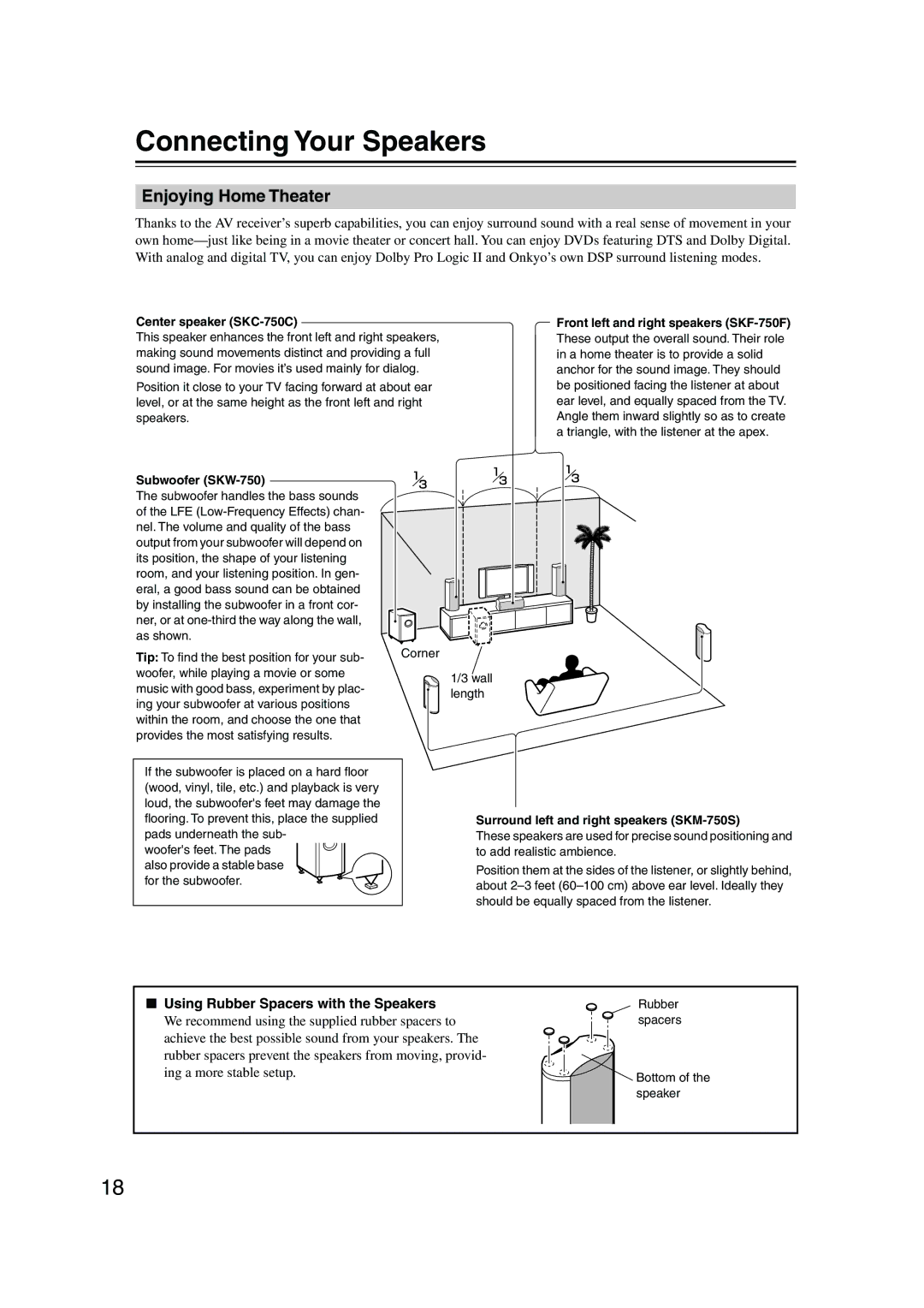 Onkyo HT-SP904 instruction manual Connecting Your Speakers, Enjoying Home Theater, Using Rubber Spacers with the Speakers 