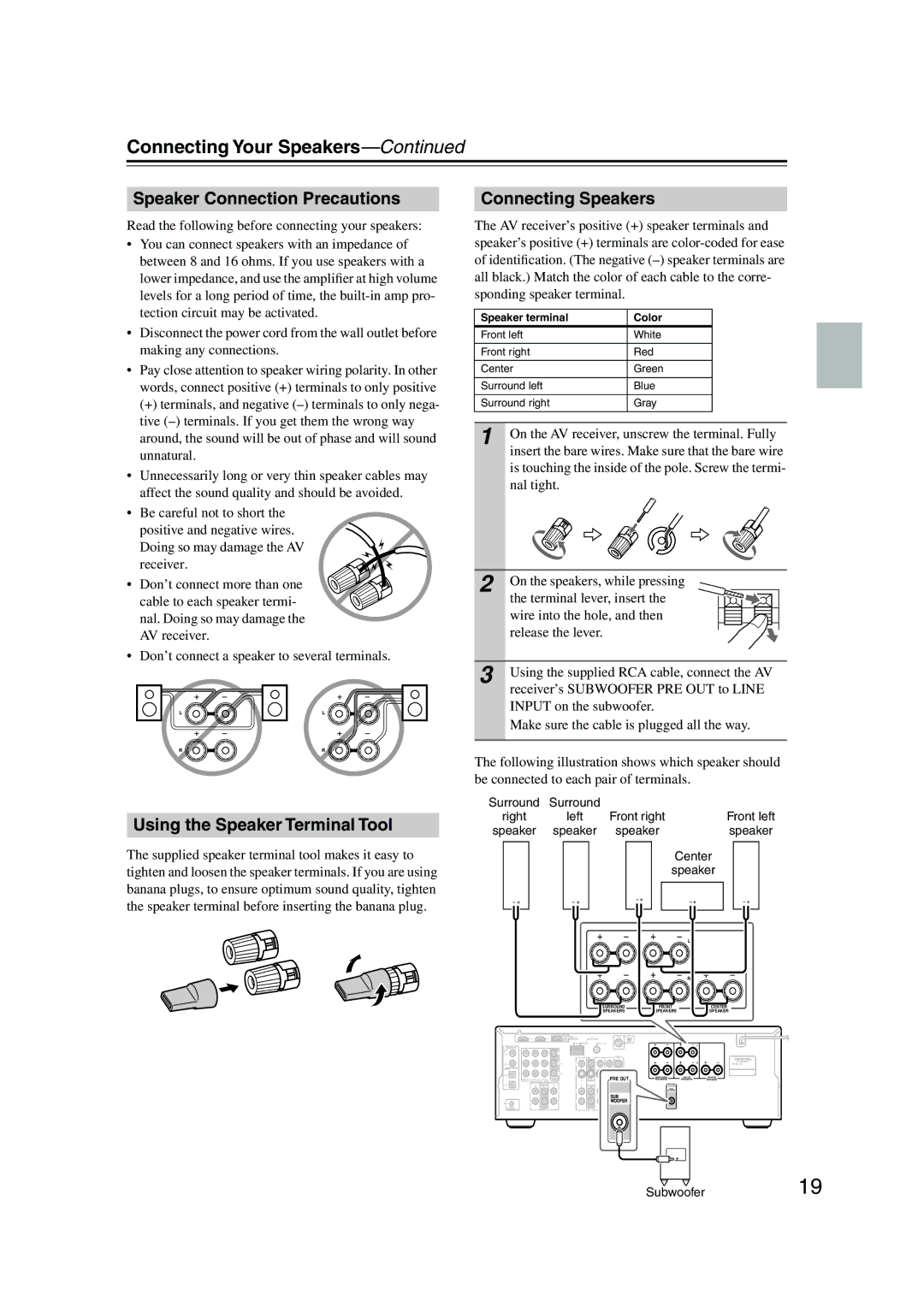 Onkyo HT-SP904 instruction manual Connecting Your Speakers, Speaker Connection Precautions, Using the Speaker Terminal Tool 