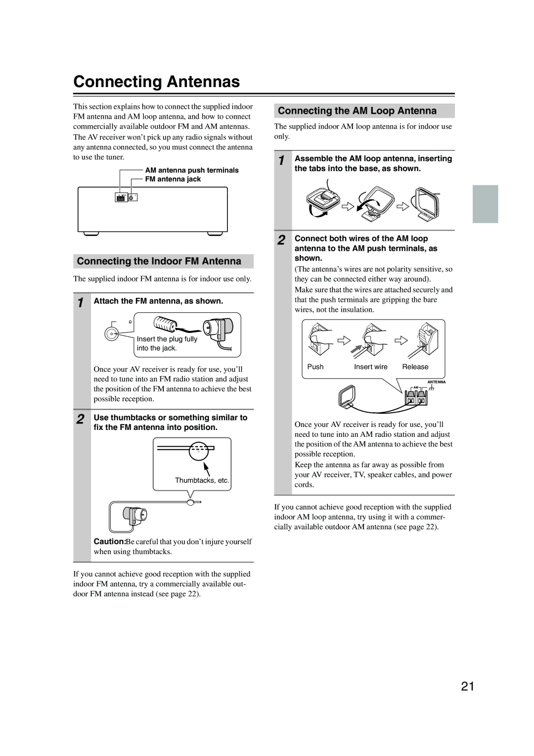 Onkyo HT-SP904 instruction manual Connecting Antennas, Connecting the AM Loop Antenna, Connecting the Indoor FM Antenna 