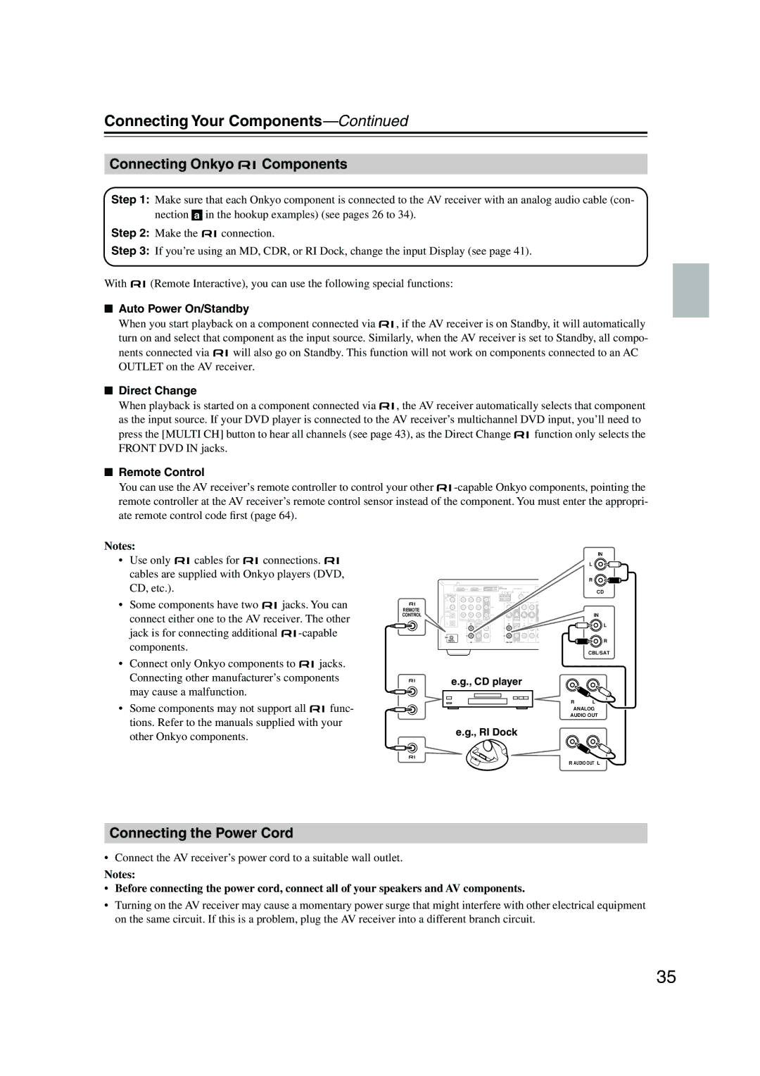 Onkyo HT-SP904 Connecting Onkyo Components, Connecting the Power Cord, Auto Power On/Standby, Direct Change 