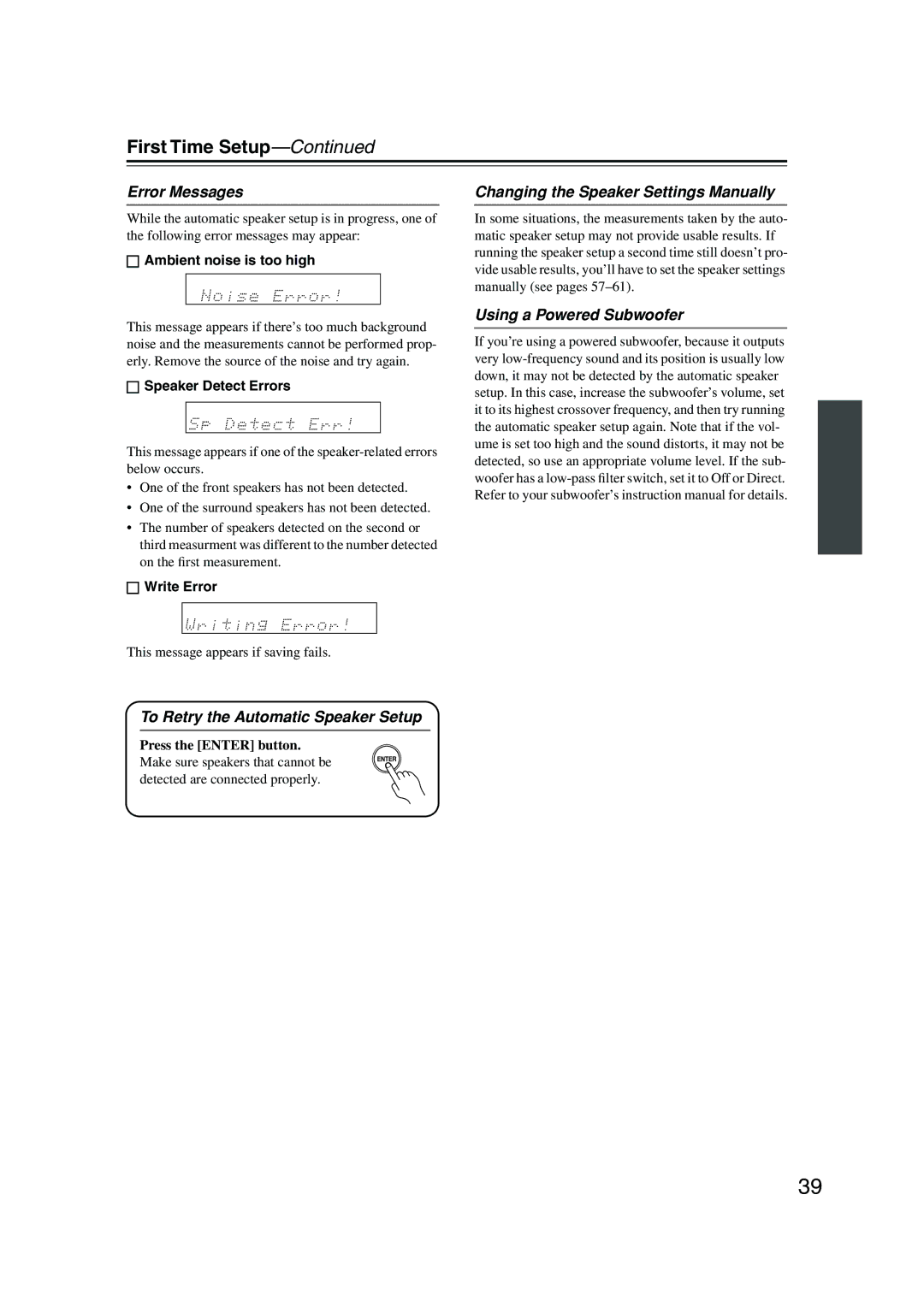 Onkyo HT-SP904 Error Messages, To Retry the Automatic Speaker Setup, Changing the Speaker Settings Manually 