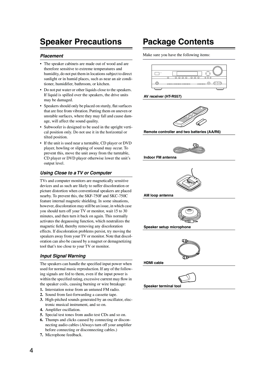 Onkyo HT-SP904 instruction manual Speaker Precautions, Package Contents 