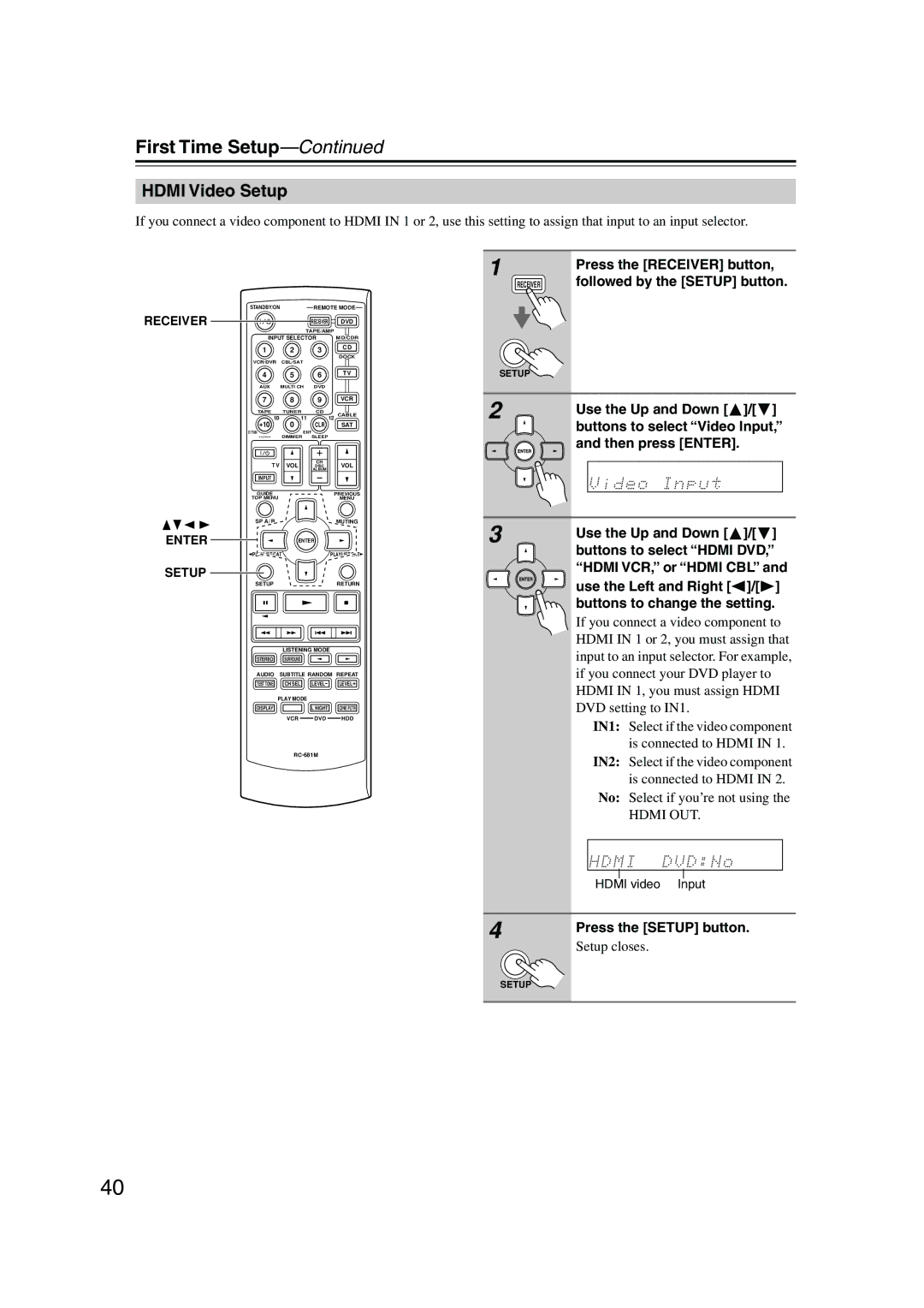 Onkyo HT-SP904 instruction manual Hdmi Video Setup 