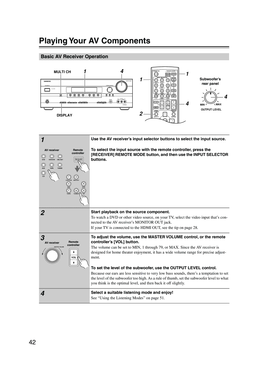 Onkyo HT-SP904 Playing Your AV Components, Basic AV Receiver Operation, Select a suitable listening mode and enjoy 