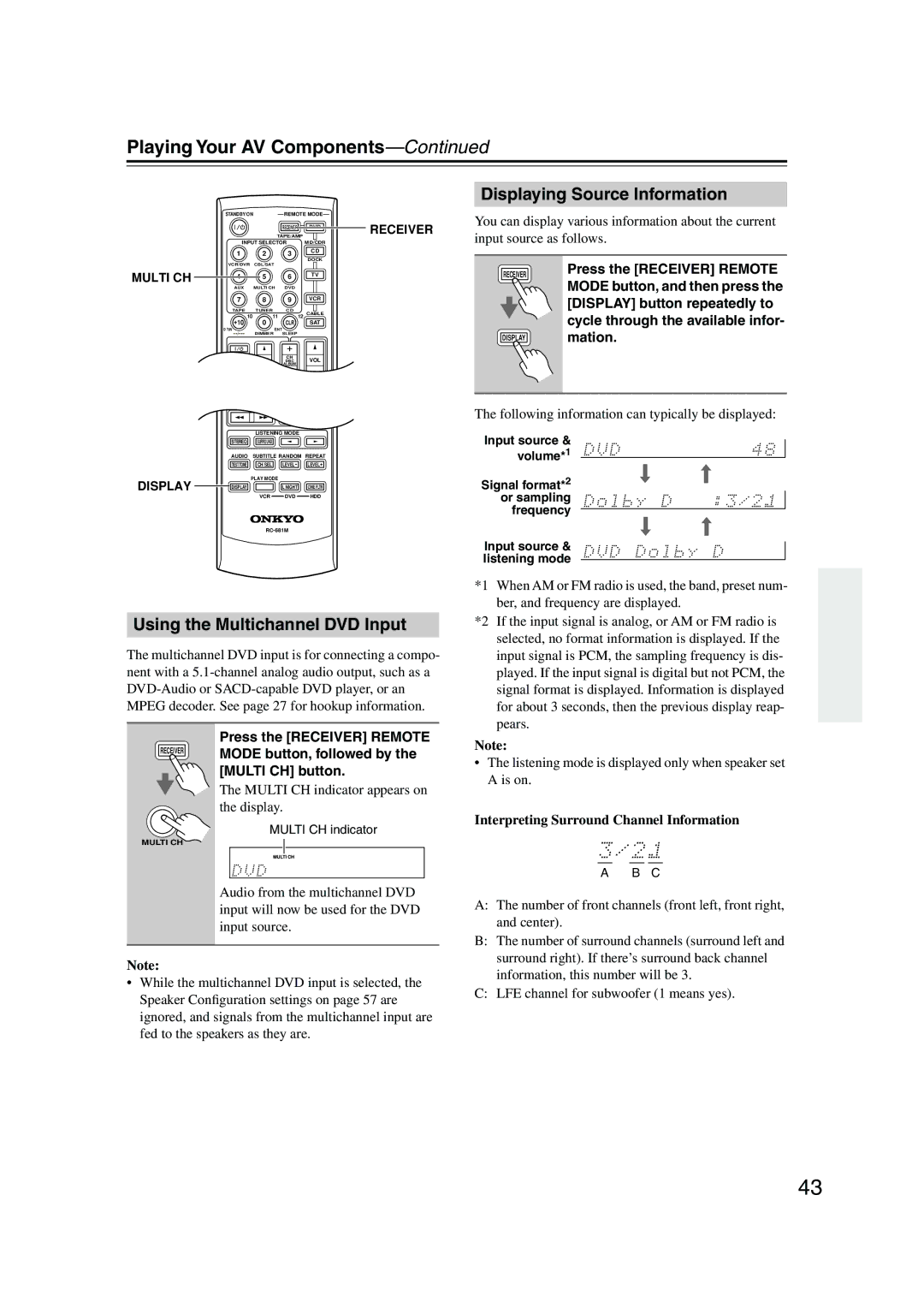 Onkyo HT-SP904 Playing Your AV Components, Using the Multichannel DVD Input, Displaying Source Information 