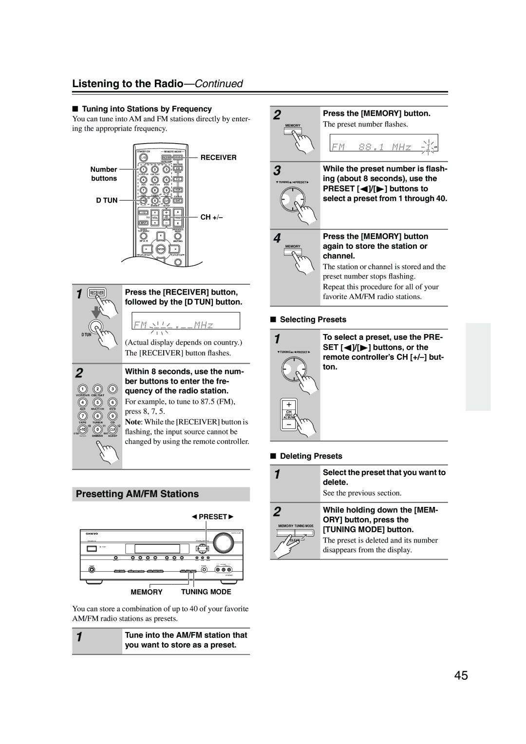 Onkyo HT-SP904 instruction manual Listening to the Radio, Presetting AM/FM Stations 