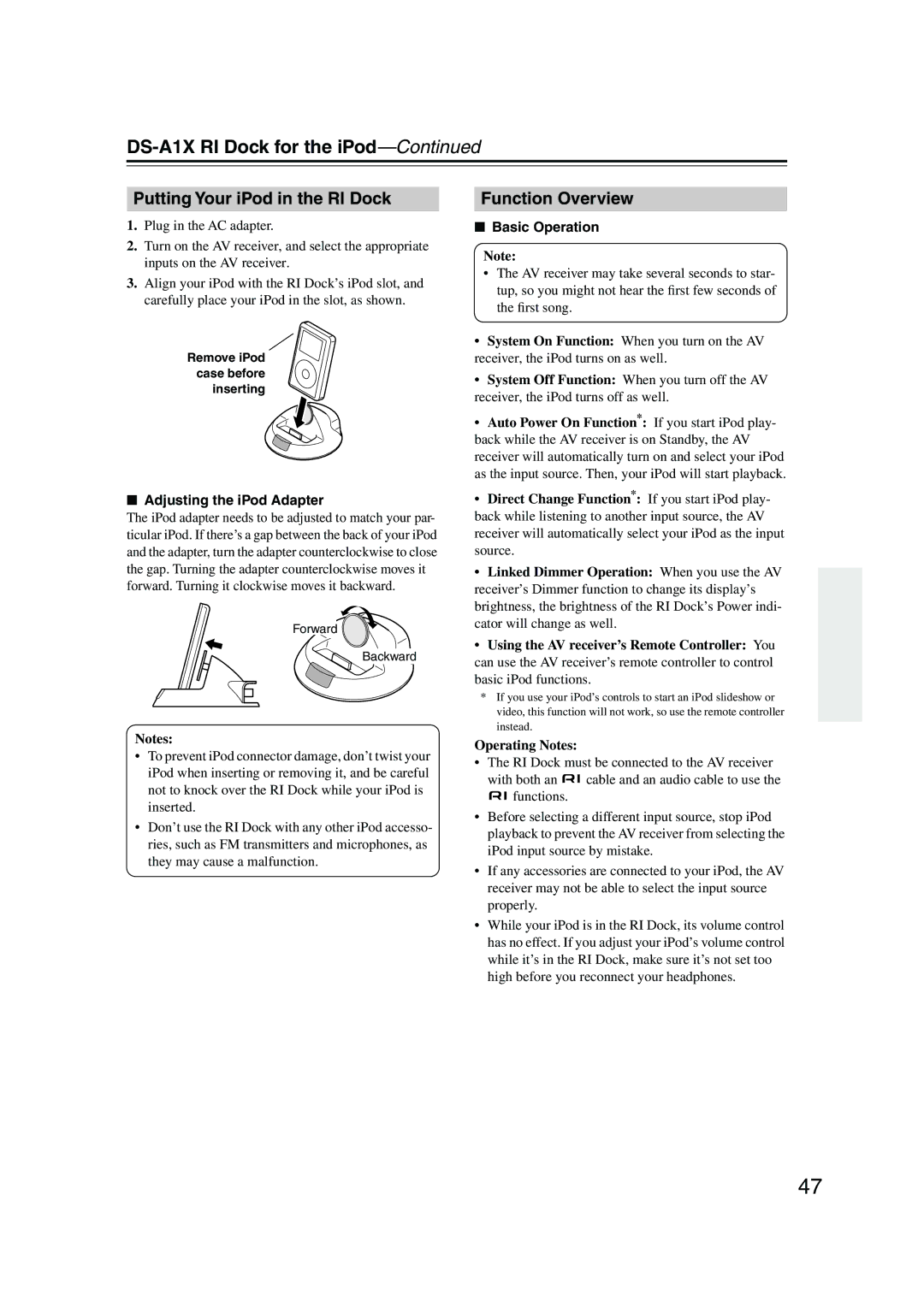 Onkyo HT-SP904 DS-A1X RI Dock for the iPod, Putting Your iPod in the RI Dock, Function Overview, Operating Notes 