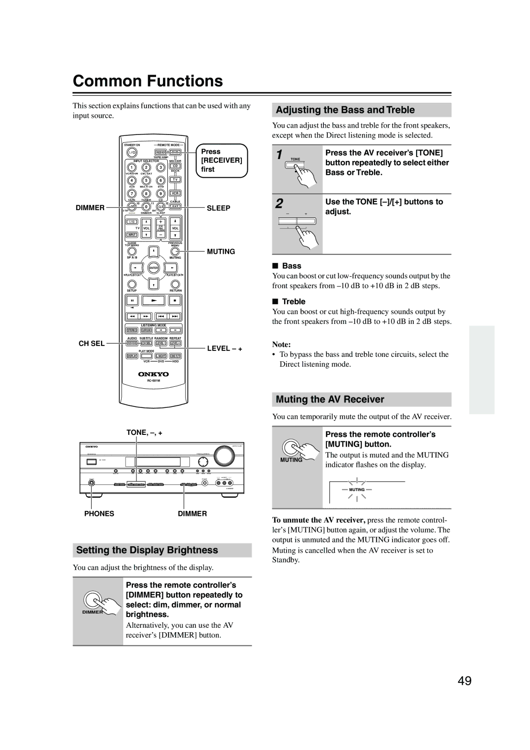 Onkyo HT-SP904 Common Functions, Adjusting the Bass and Treble, Muting the AV Receiver, Setting the Display Brightness 