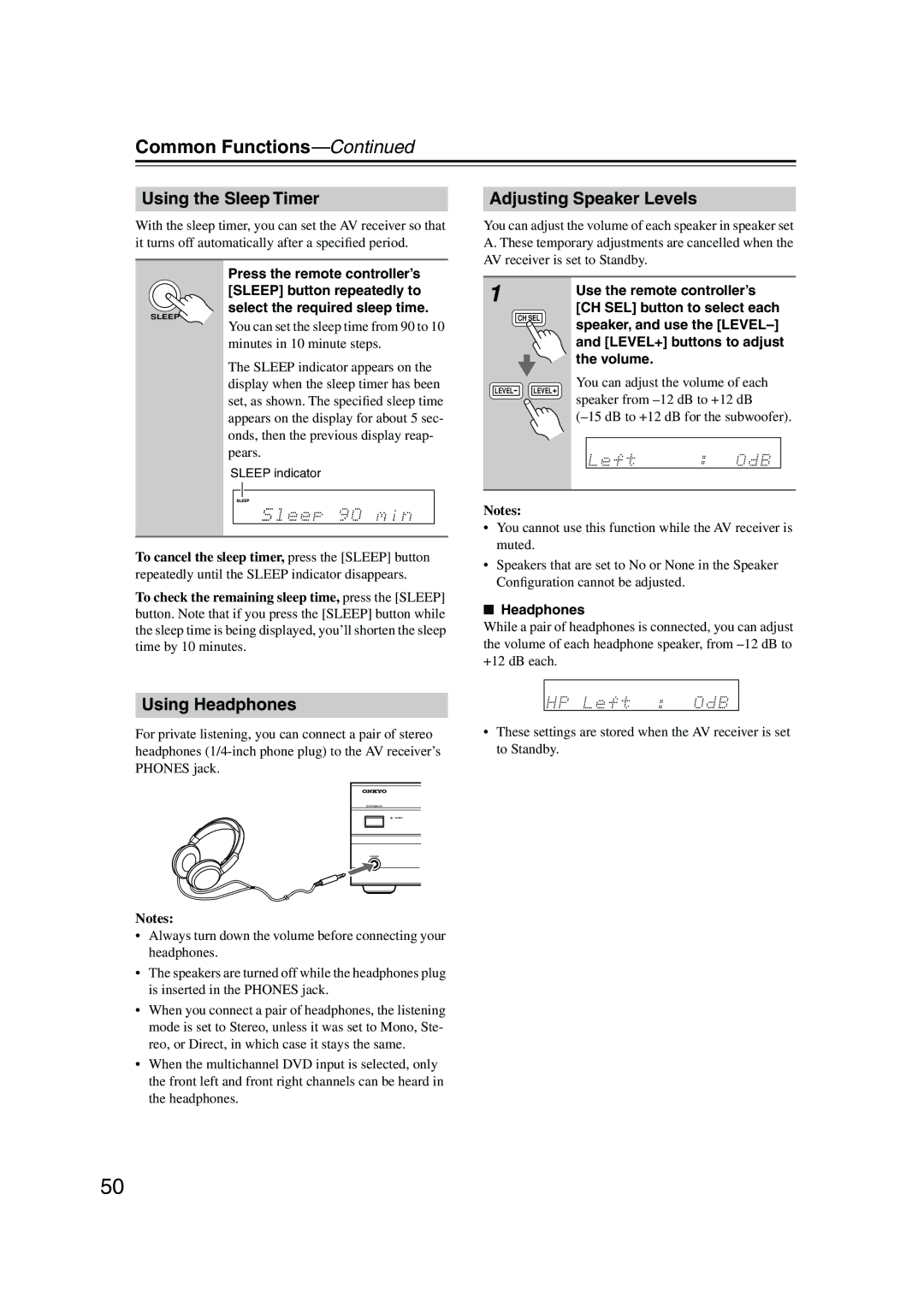 Onkyo HT-SP904 instruction manual Common Functions, Using the Sleep Timer, Adjusting Speaker Levels, Using Headphones 