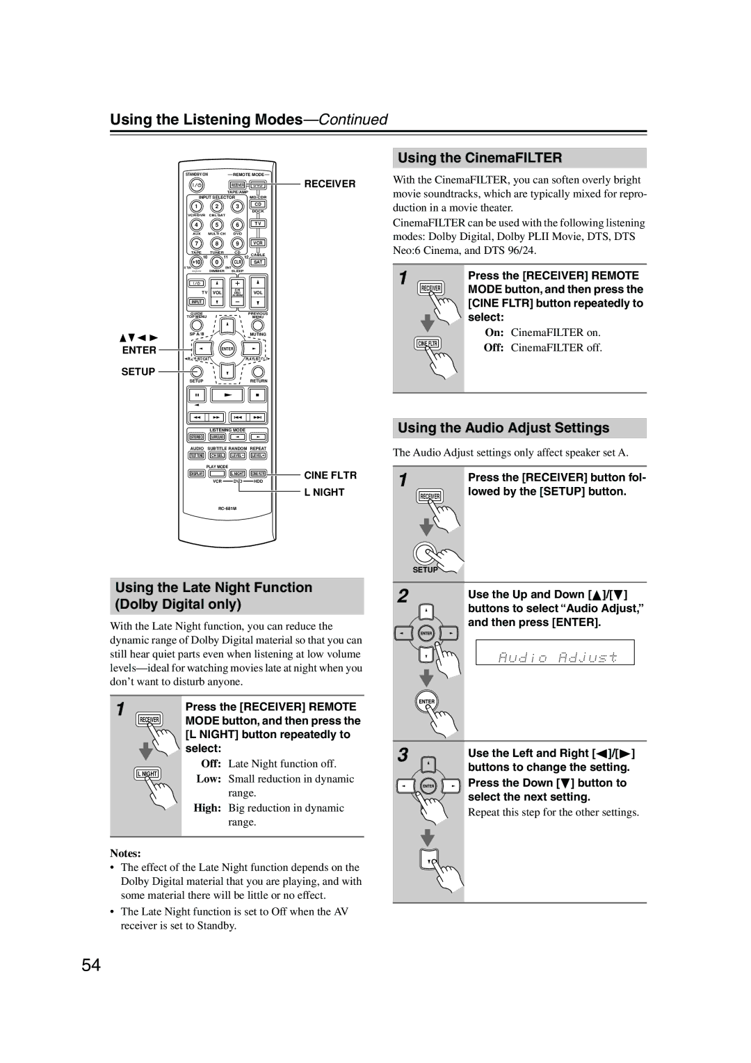 Onkyo HT-SP904 Using the CinemaFILTER, Using the Late Night Function Dolby Digital only, Using the Audio Adjust Settings 