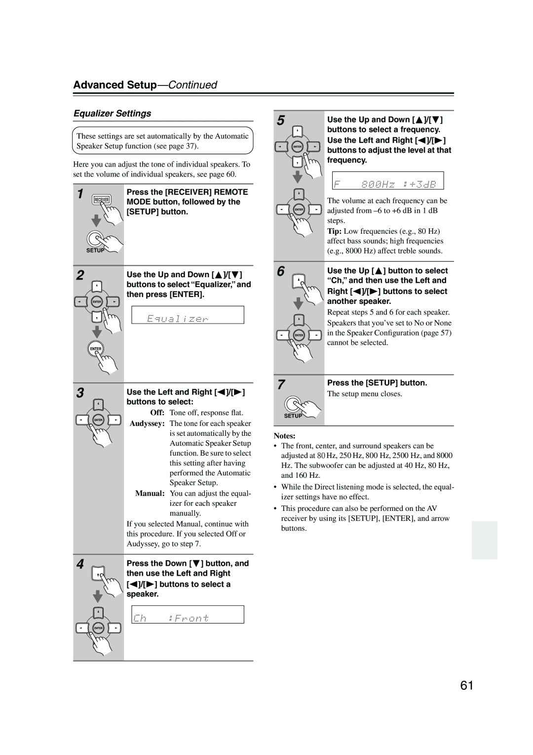 Onkyo HT-SP904 instruction manual Equalizer Settings, Setup menu closes, Buttons to select Equalizer 