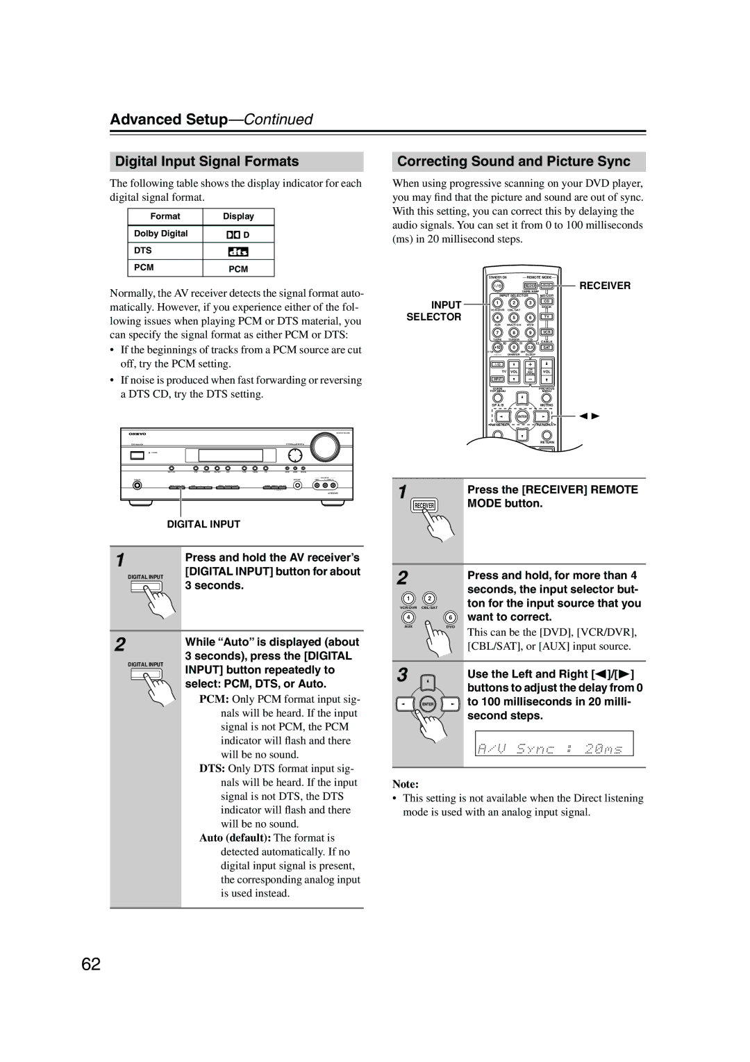 Onkyo HT-SP904 instruction manual Digital Input Signal Formats, Correcting Sound and Picture Sync 