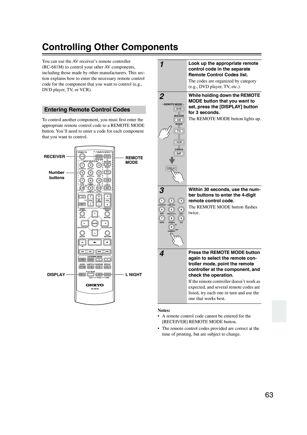 Onkyo HT-SP904 instruction manual Controlling Other Components, Entering Remote Control Codes 