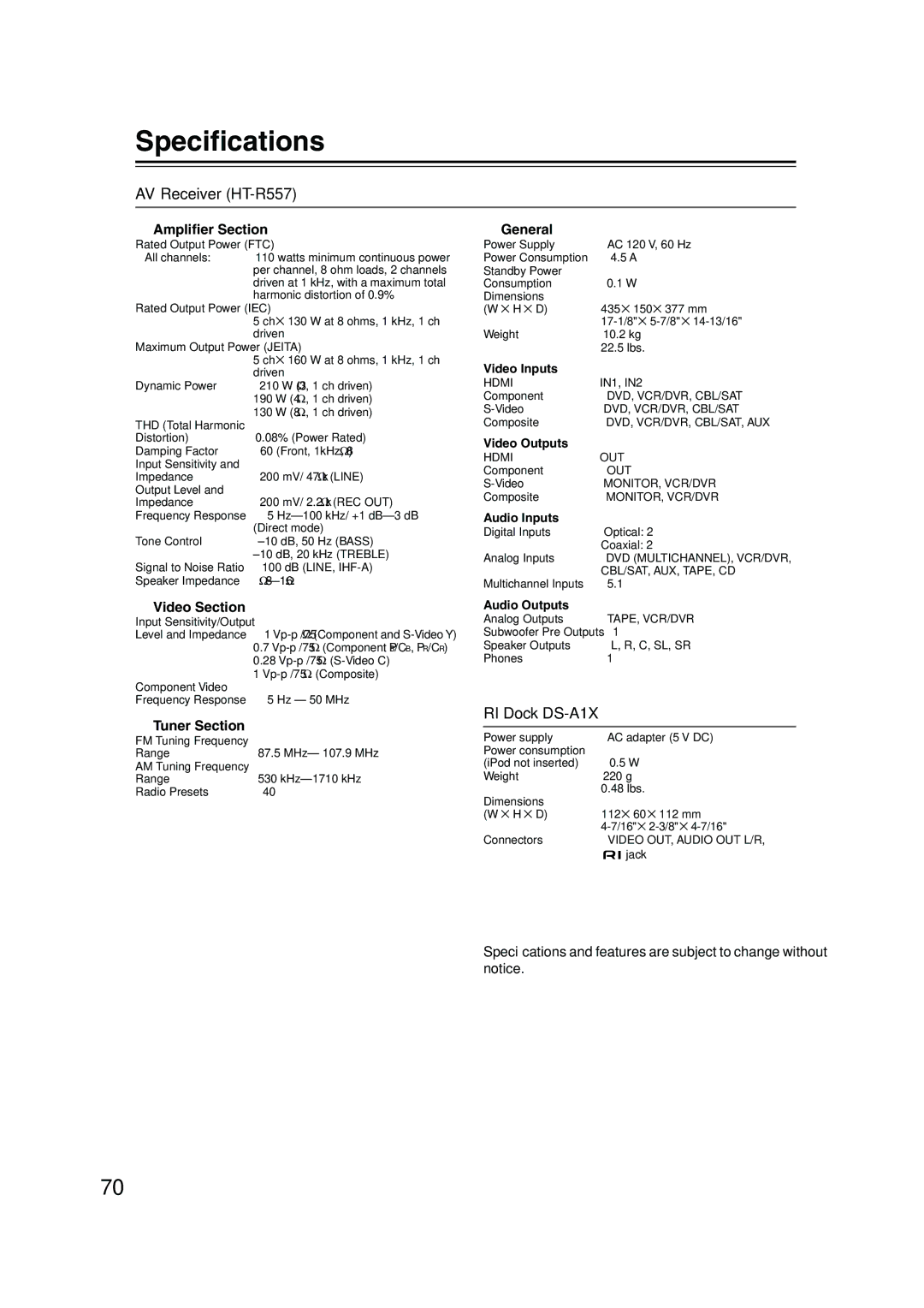 Onkyo HT-SP904 instruction manual Speciﬁcations, AV Receiver HT-R557, RI Dock DS-A1X 