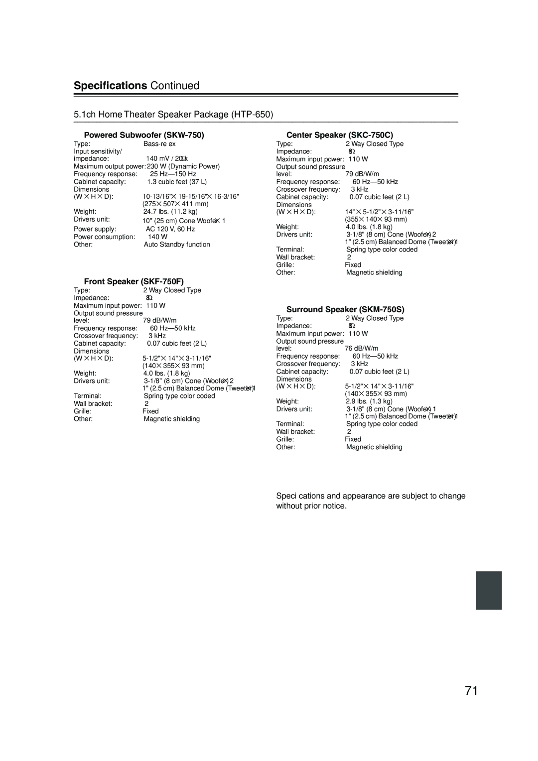 Onkyo HT-SP904 instruction manual Speciﬁcations, 1ch Home Theater Speaker Package HTP-650 