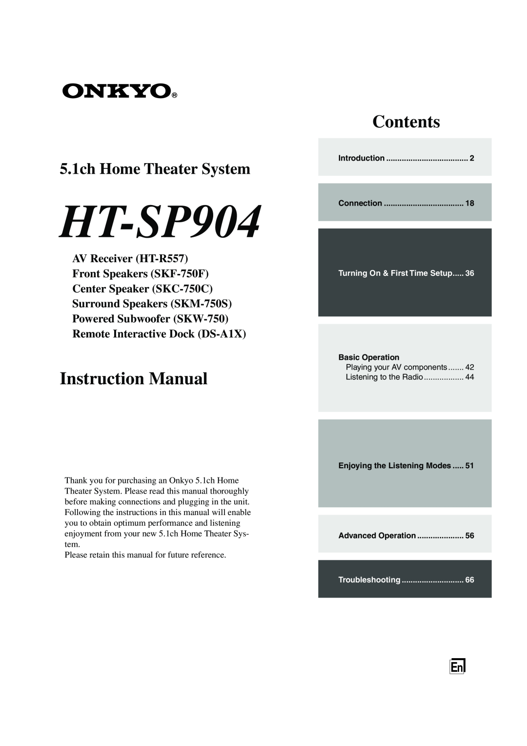 Onkyo HT-SP904 instruction manual Instruction Manual, Contents, 5.1ch Home Theater System, Center Speaker SKC-750C 