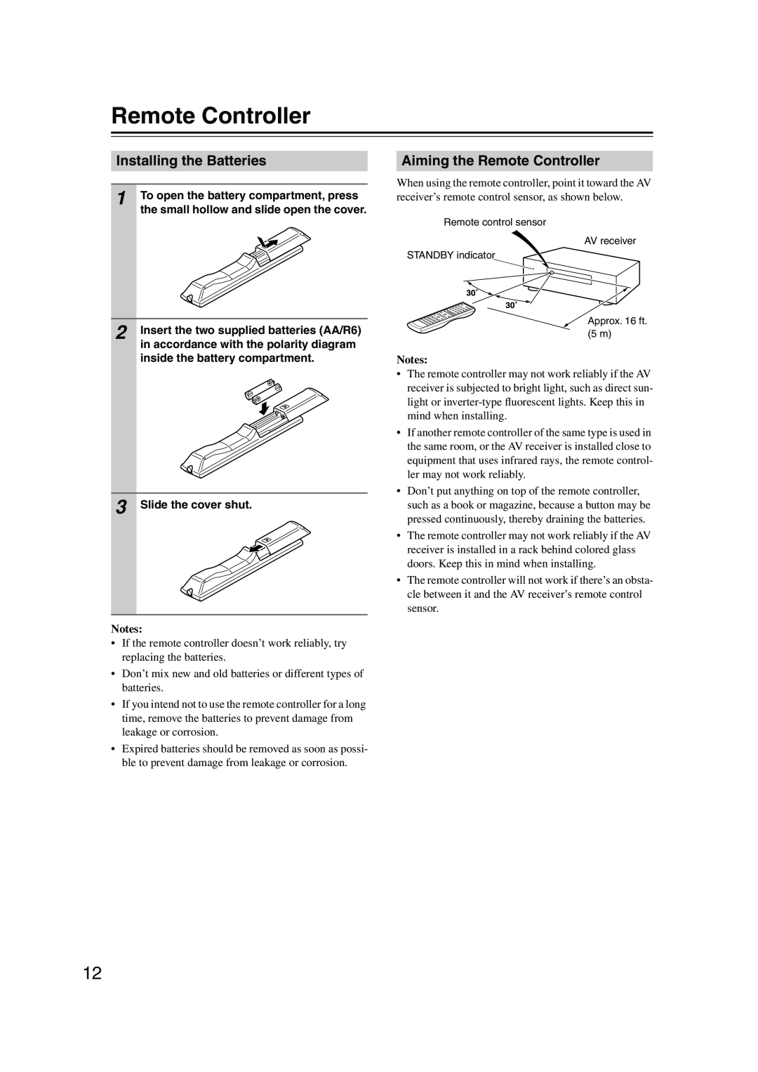 Onkyo HT-SP904 instruction manual Installing the Batteries, Aiming the Remote Controller, Notes 