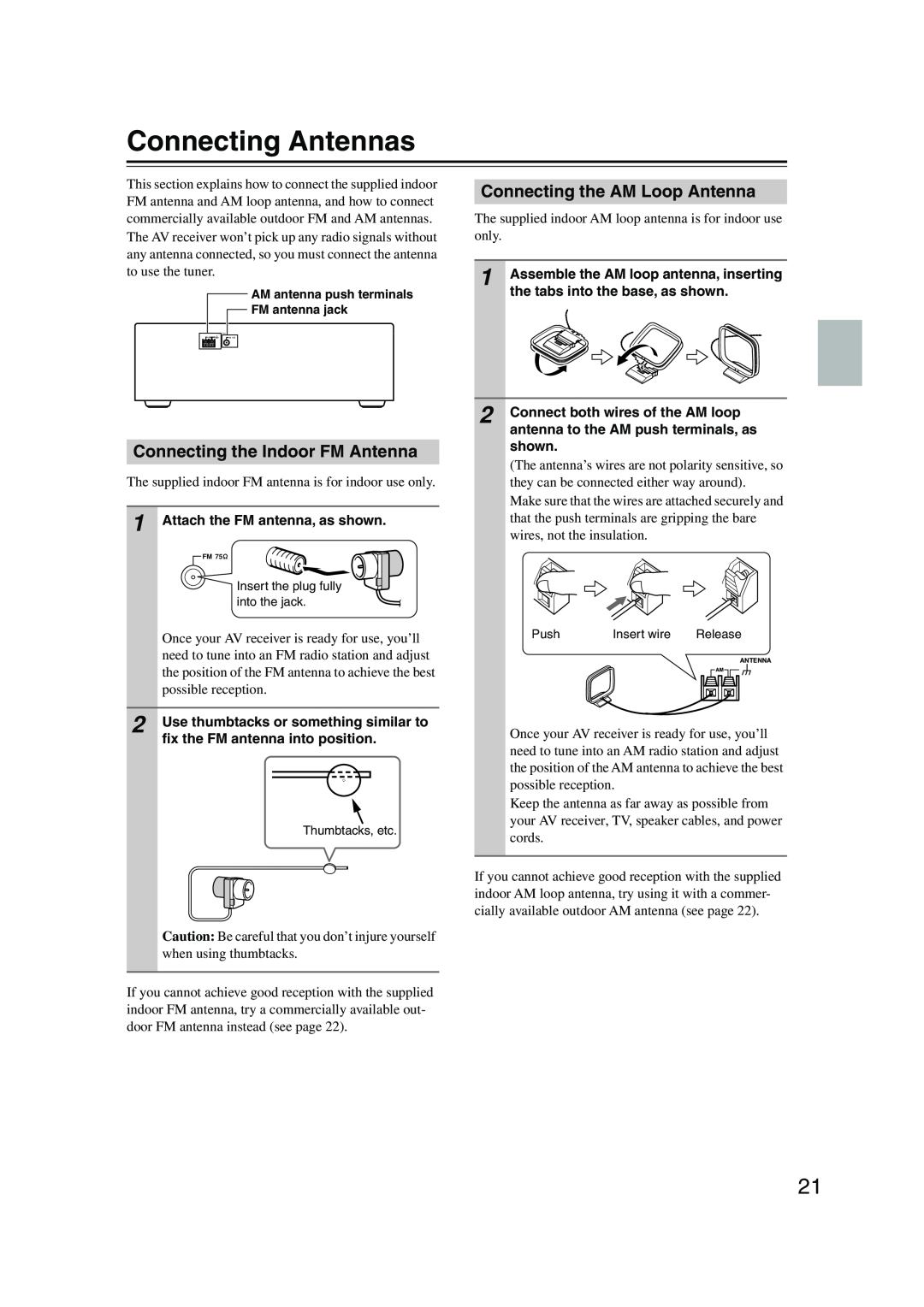 Onkyo HT-SP904 instruction manual Connecting Antennas, Connecting the AM Loop Antenna, Connecting the Indoor FM Antenna 