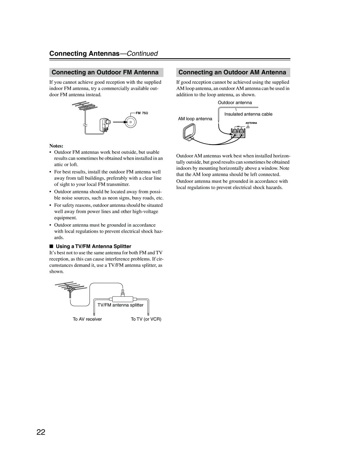 Onkyo HT-SP904 Connecting Antennas—Continued, Connecting an Outdoor FM Antenna, Connecting an Outdoor AM Antenna, Notes 