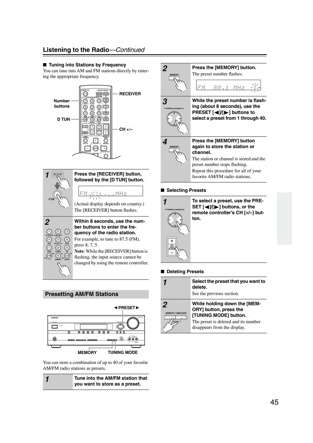 Onkyo HT-SP904 instruction manual Listening to the Radio—Continued, Presetting AM/FM Stations, The preset number ﬂashes 