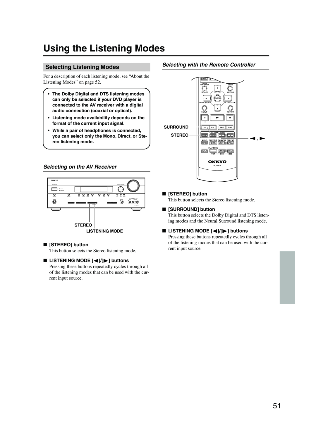 Onkyo HT-SP904 instruction manual Using the Listening Modes, Selecting Listening Modes, Selecting on the AV Receiver 