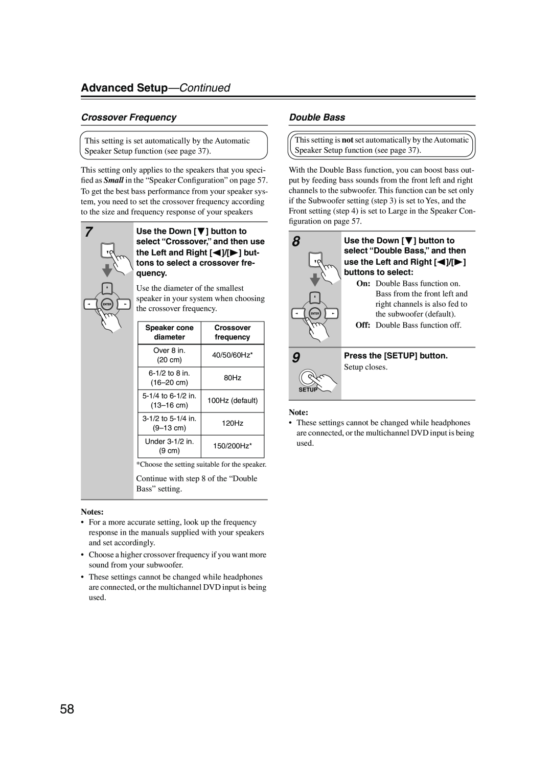 Onkyo HT-SP904 instruction manual Advanced Setup—Continued, Crossover Frequency, Double Bass, Notes, Setup closes 