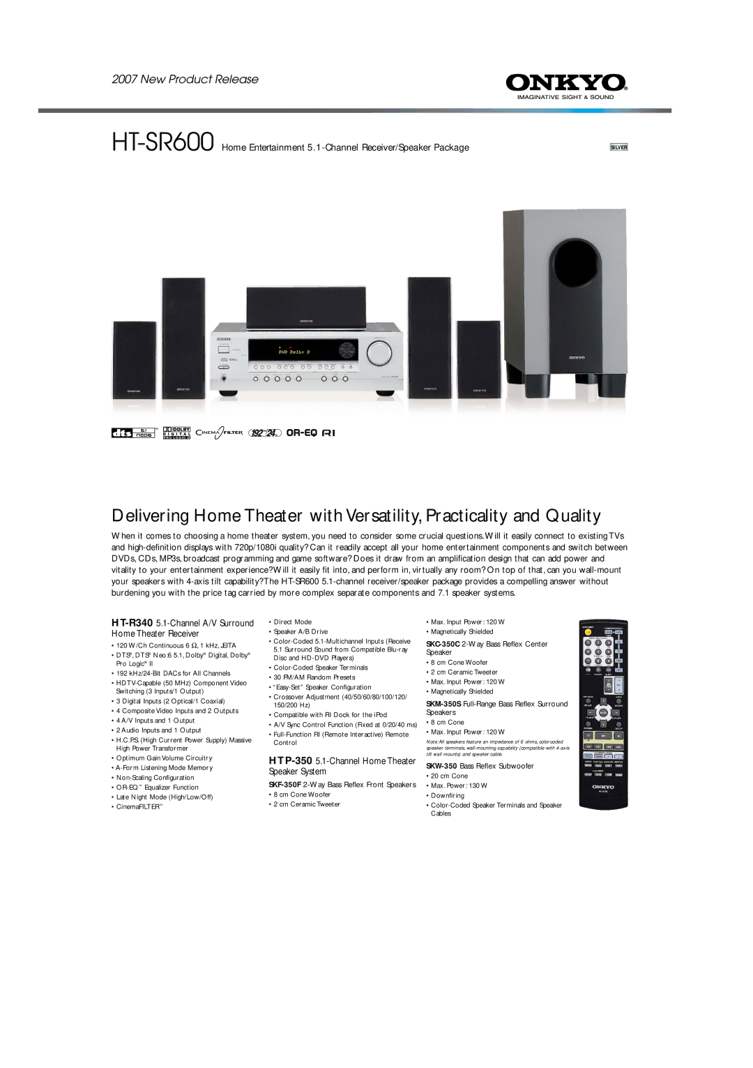 Onkyo HT-SR600 manual HTP-3505.1-Channel Home Theater Speaker System 