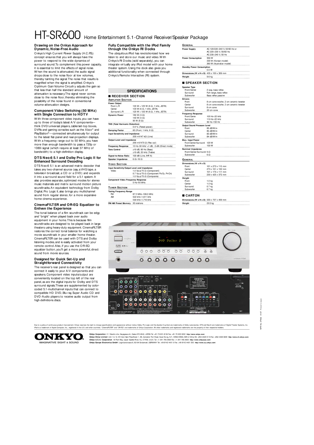 Onkyo HT-SR600 Drawing on the Onkyo Approach for Dynamic, Noise-Free Audio, Receiver Section, Speaker Section, Carton 