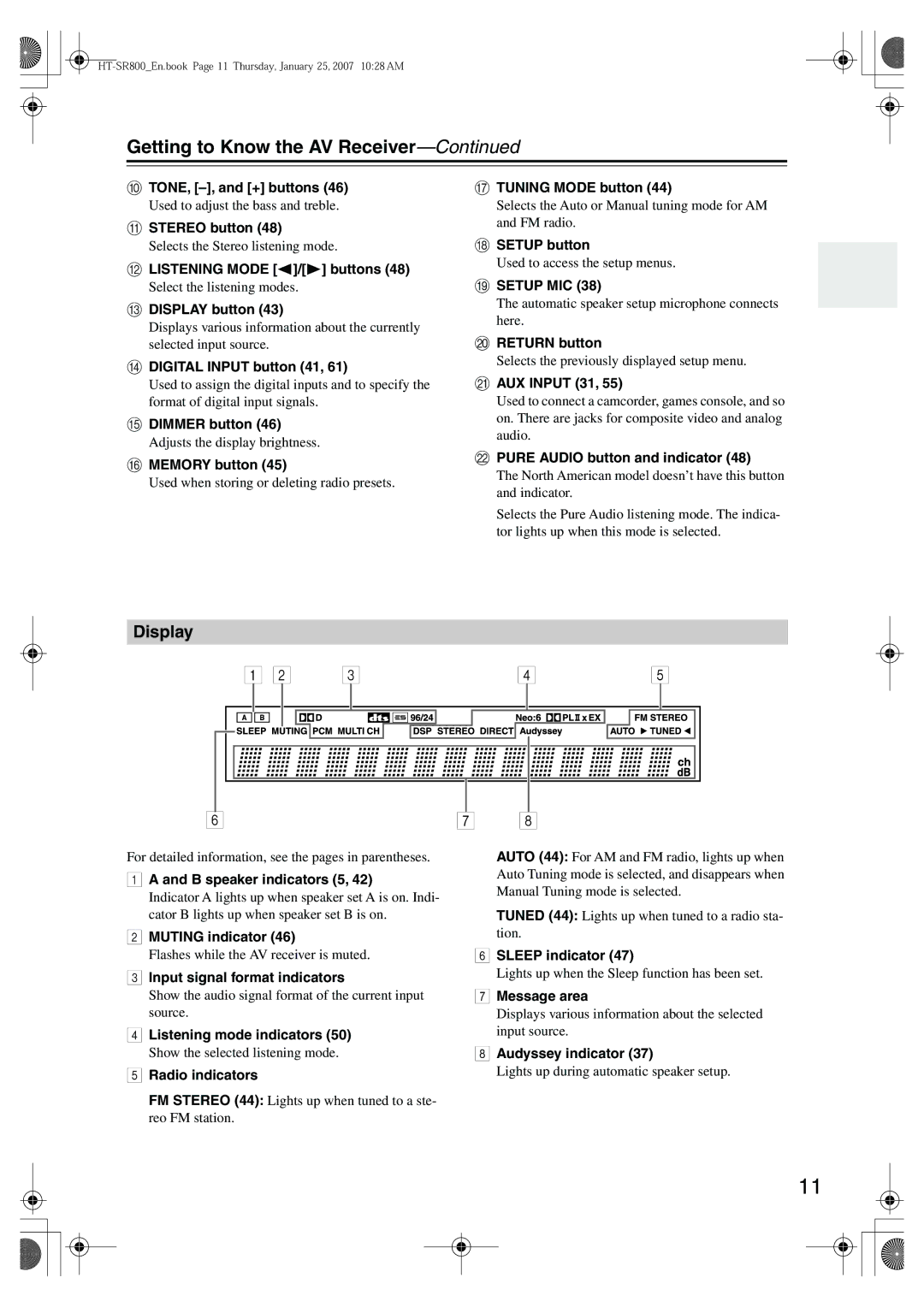 Onkyo HT-SR800 instruction manual Getting to Know the AV Receiver, Display 