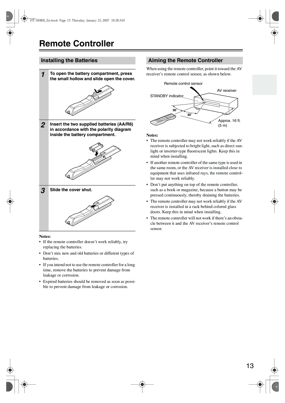 Onkyo HT-SR800 instruction manual Installing the Batteries, Aiming the Remote Controller 