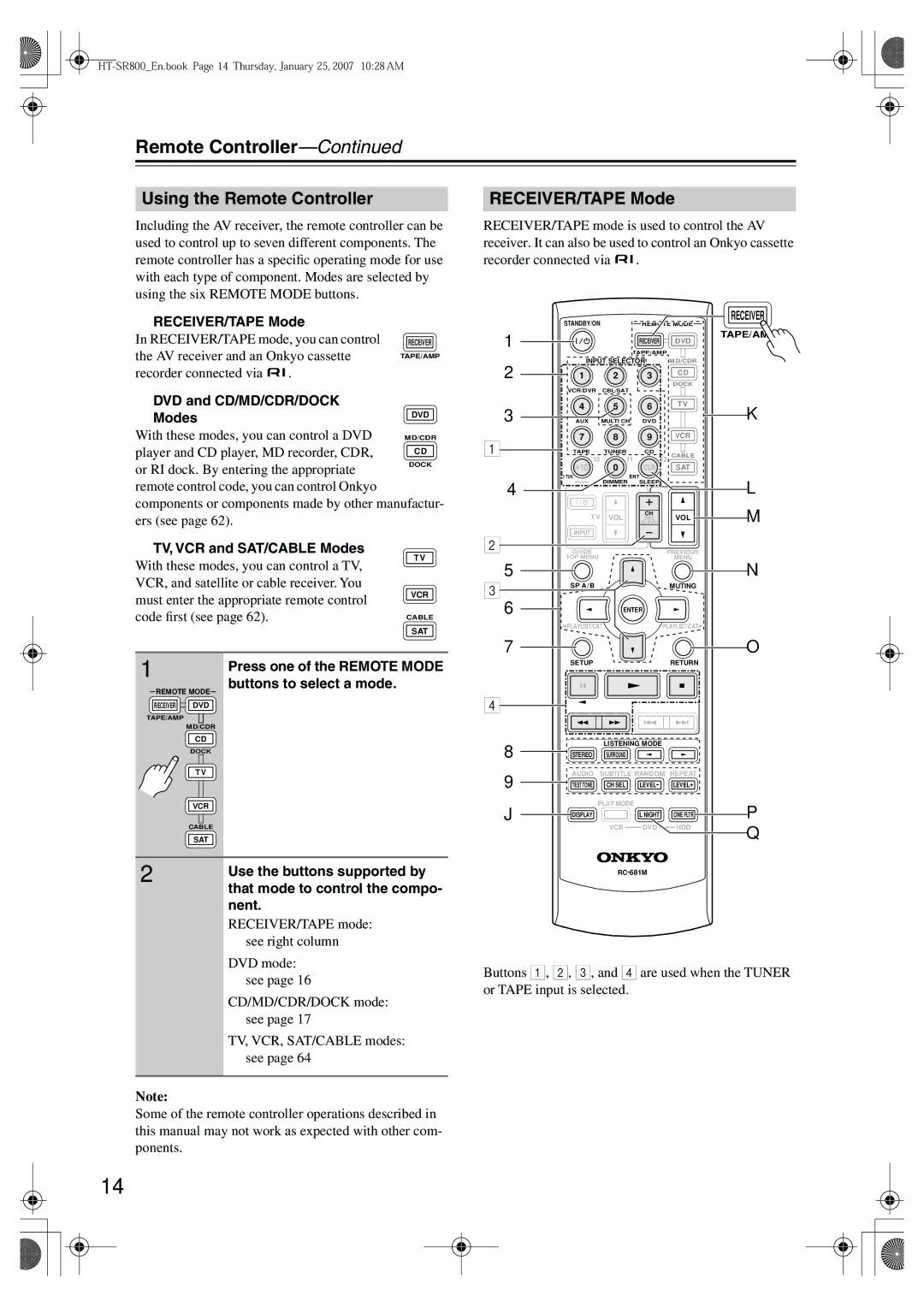 Onkyo HT-SR800 instruction manual Using the Remote Controller, RECEIVER/TAPE Mode 